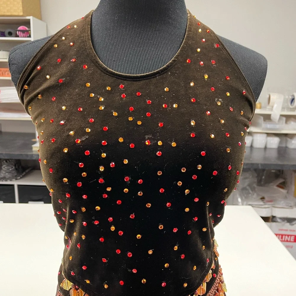 The line up brown velour dance costume rhinestones. Beaded trim.